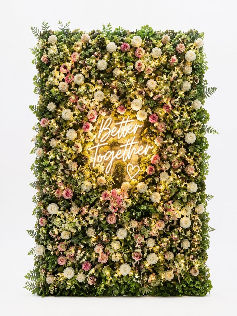 室内花墙装饰，密集花卉与绿植环绕发光文字'Better Together'，现代都市写实风格