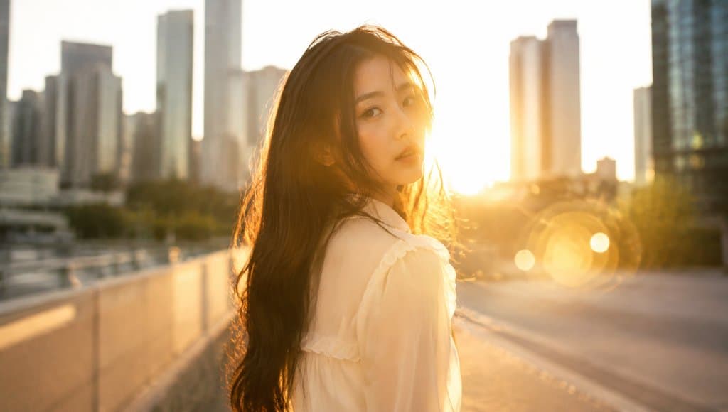 逆光下长发女子侧身回眸，城市天际线背景，暖光散射与镜头光晕效果