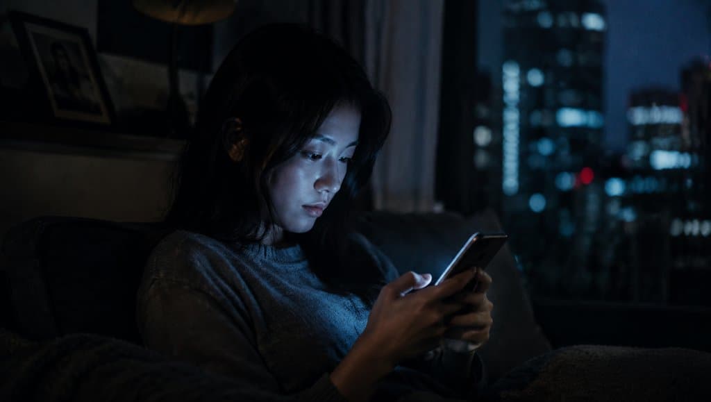夜晚女子专注看手机，屏幕冷光映照面部，现代都市写实风格