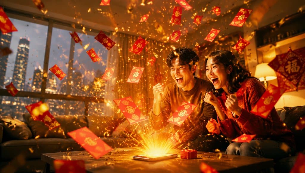 一对年轻情侣在现代客厅中欢庆，红包雨与金光四散，充满节日喜庆氛围的写实特效图