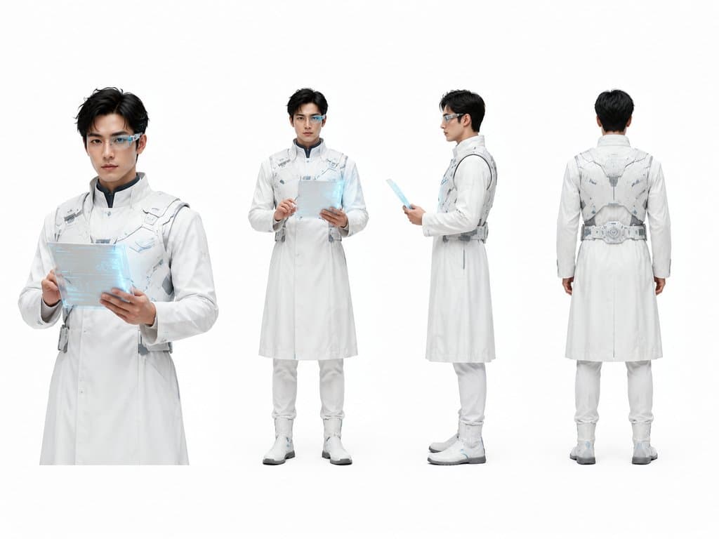 星际科学家身穿白色实验服，佩戴科技马甲和目镜，手持全息平板，硬科幻写实风格角色