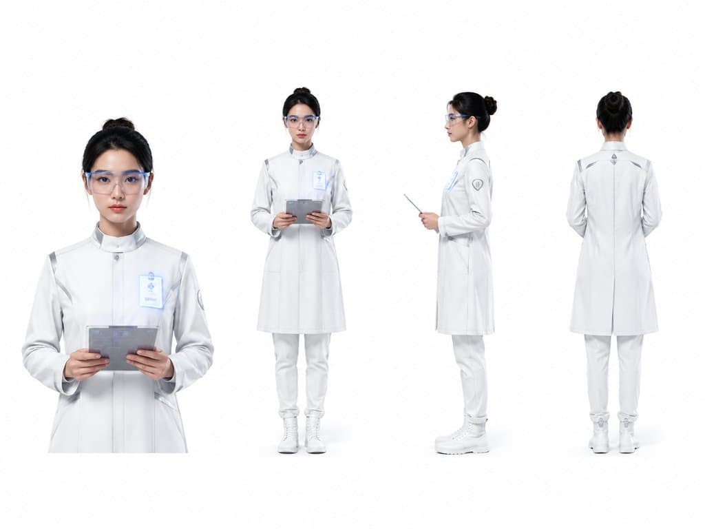 女科学家身穿白大褂，佩戴护目镜和发光胸牌，手持平板，硬科幻写实风格