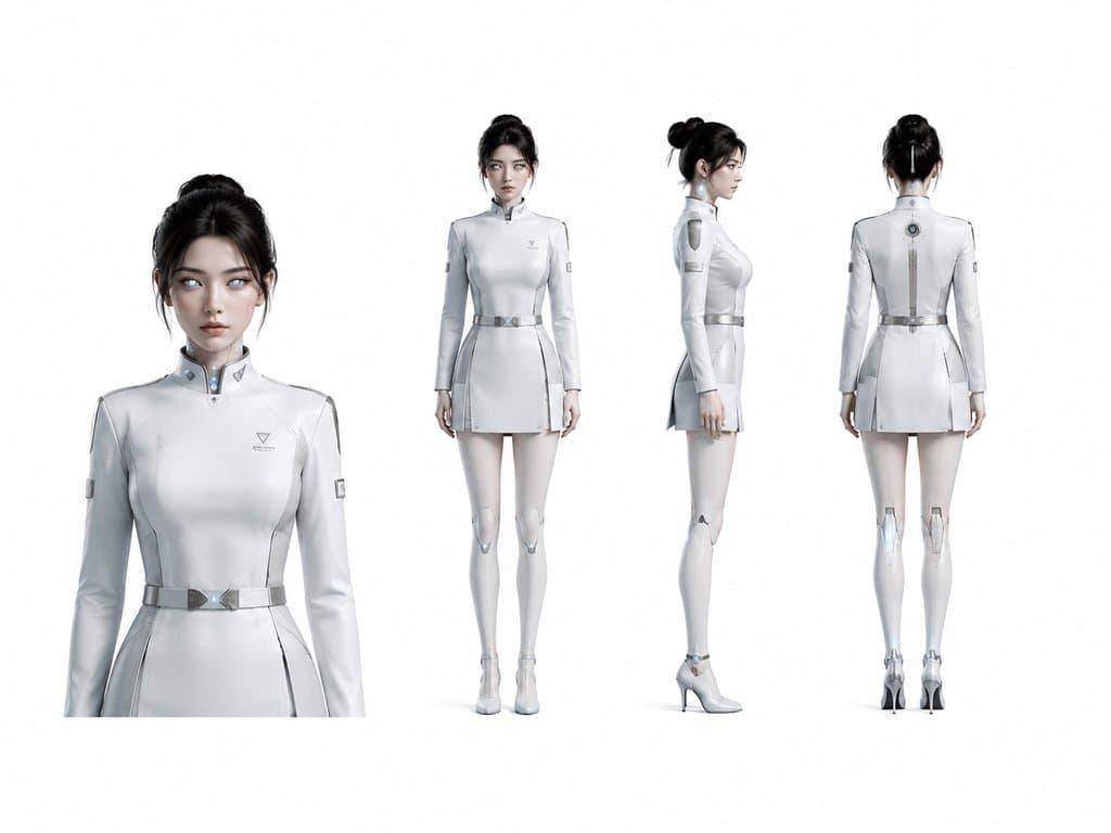 高拟真仿生人女性角色，白色未来制服，发光蓝瞳，科技感接口，硬科幻写实风格