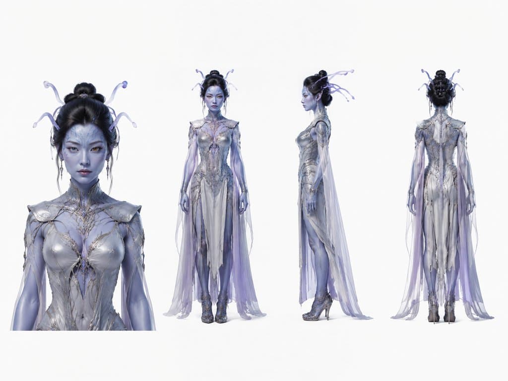 蓝皮肤外星女性角色，触角发饰，银色紧身战甲，科幻写实风格