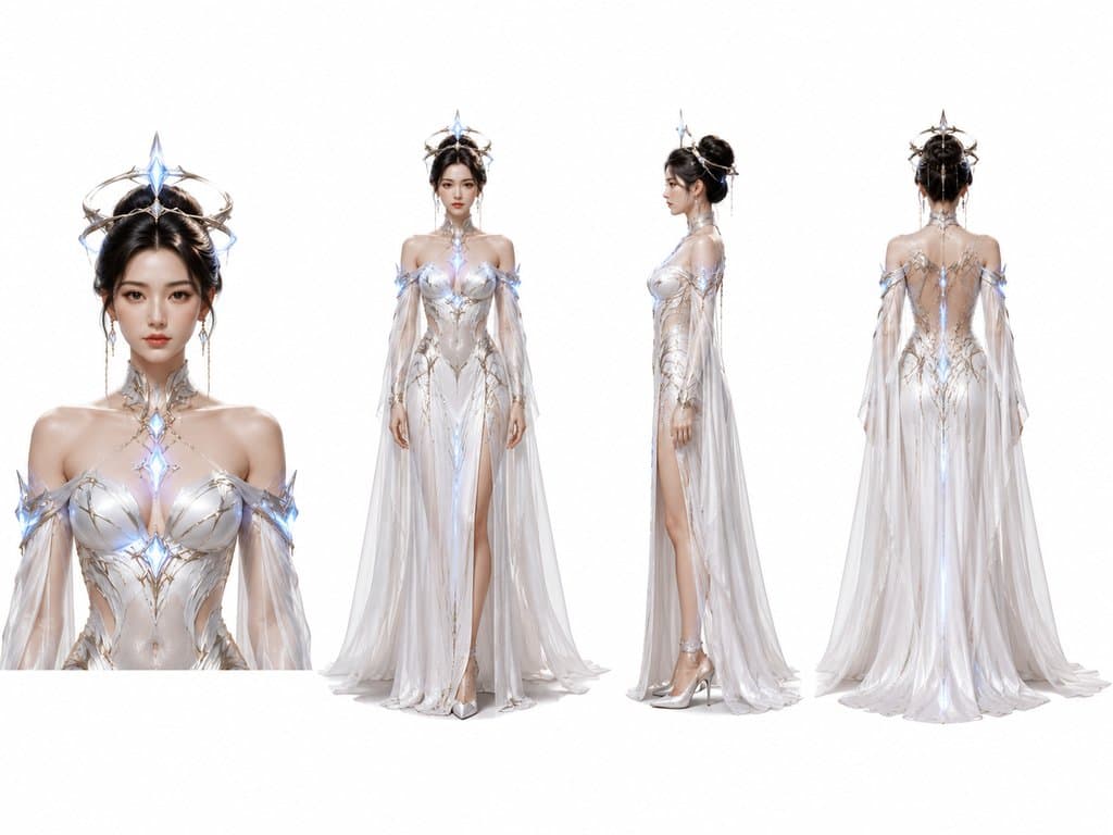 星际公主身着未来礼服，佩戴悬浮宝冠与发光饰物，高贵优雅的硬科幻写实角色
