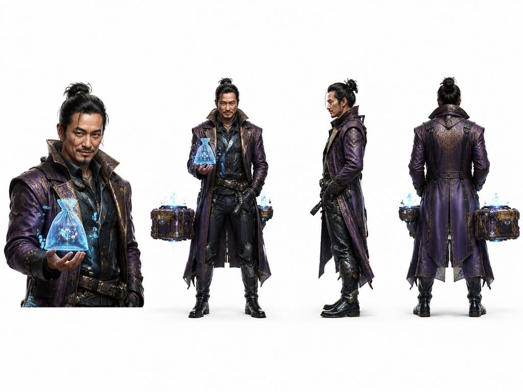 星际商人手持全息钱袋，身着紫色未来便服，悬浮货箱环绕，硬科幻写实风格角色