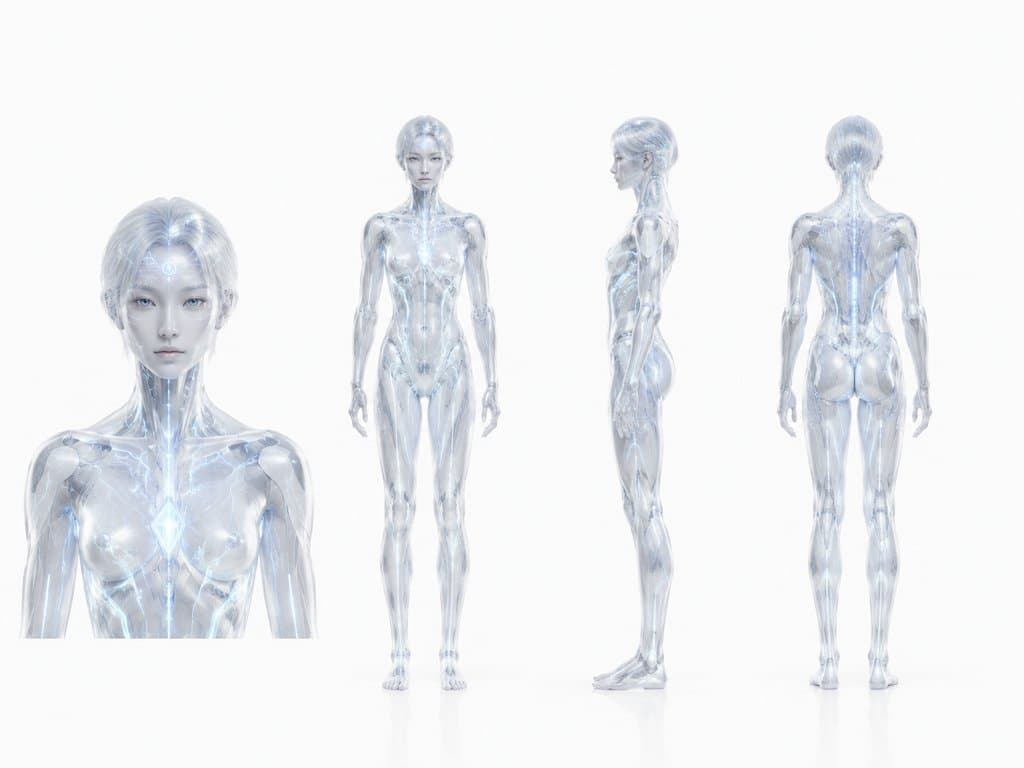 半透明AI女性角色，发光代码纹路，硬科幻写实风格