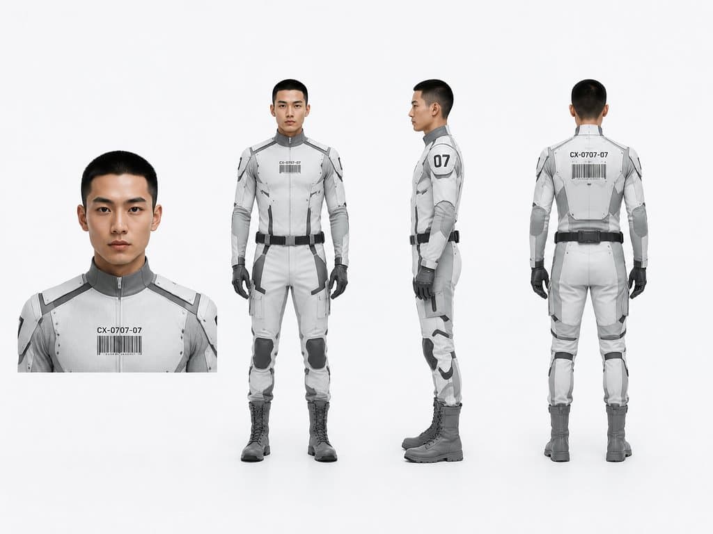 克隆人战士身穿编号战斗服，条形码标识，面容相同，硬科幻写实风格3D角色图