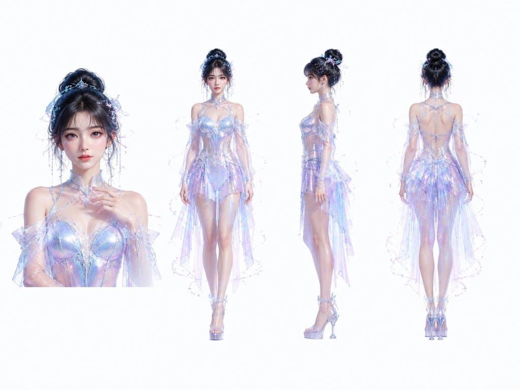 全息偶像身穿炫彩半透明演出服，光粒流动，硬科幻写实风格