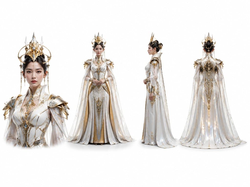 星际女帝身着华丽帝袍，佩戴能量王冠与悬浮披风，威严气质，硬科幻写实风格角色图