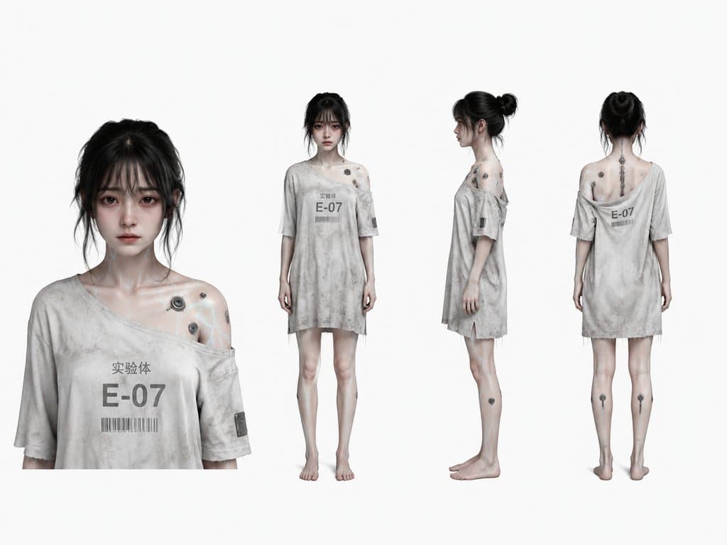 基因实验体少女，身穿破旧病服，身上有发光纹路和接口，硬科幻写实风格3D角色