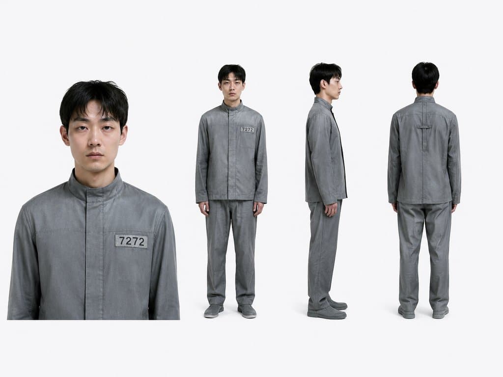 反乌托邦市民身穿灰色制服，胸前编号7272，表情麻木，硬科幻写实风格角色图