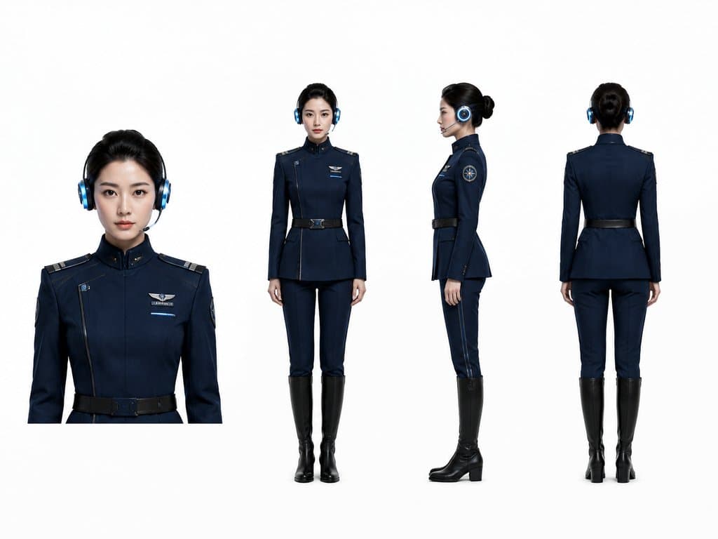 星际通讯官身穿深蓝制服，佩戴发光耳麦，硬科幻写实风格角色图