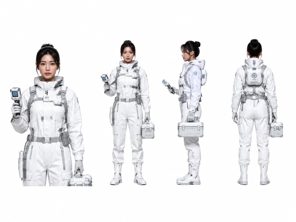 身穿白色防护服的外星生物学家，手持扫描仪和样本箱，硬科幻写实风格角色图