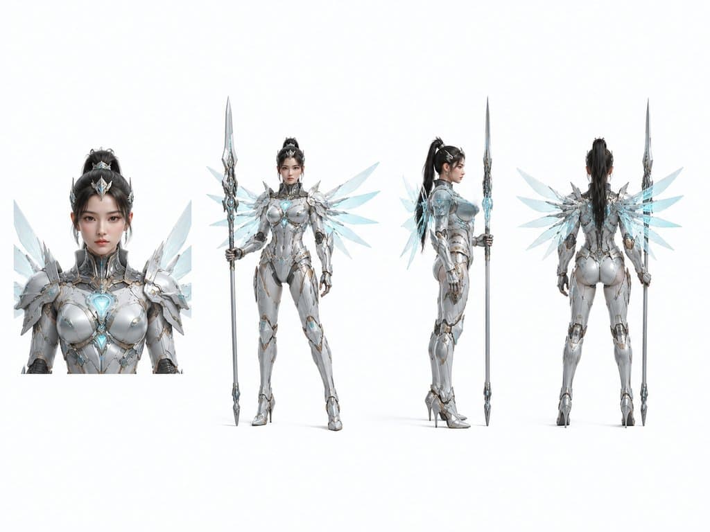 机械战甲女武神，银色机甲配发光能量翼，手持长枪，硬科幻写实风格