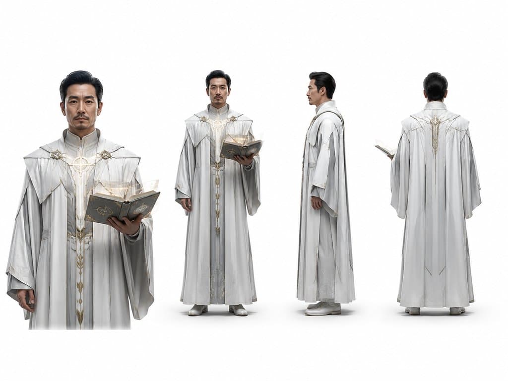 星际牧师身着未来教袍，胸前发光圣徽，手持悬浮经书，肃穆神情，硬科幻写实风格
