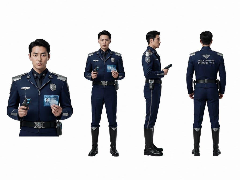 太空海关检察官身穿深蓝色制服，手持扫描仪和全息证件，硬科幻写实风格角色图