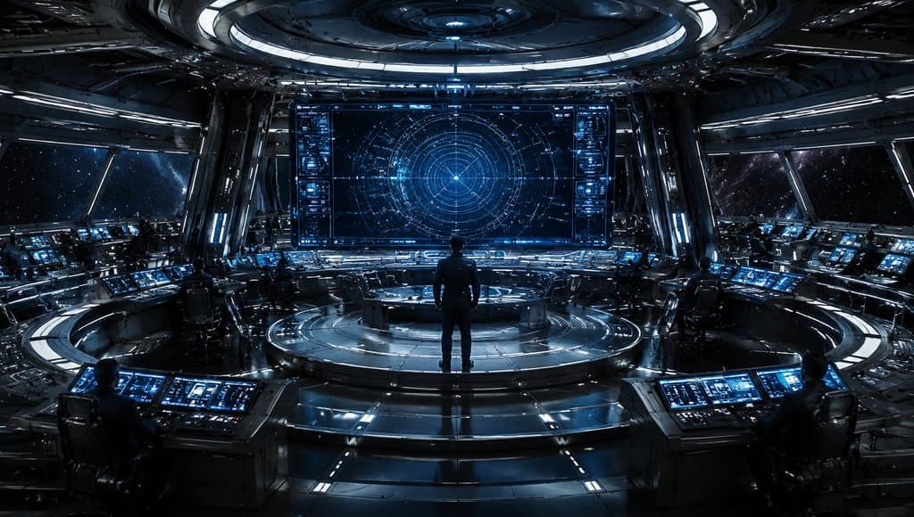 星舰舰桥内部，中央人物背对全息星图，环绕操作席与舷窗星空，硬科幻写实风格