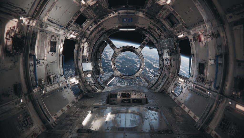 太空站环形舱段内部，舷窗可见地球全景，硬科幻写实风格