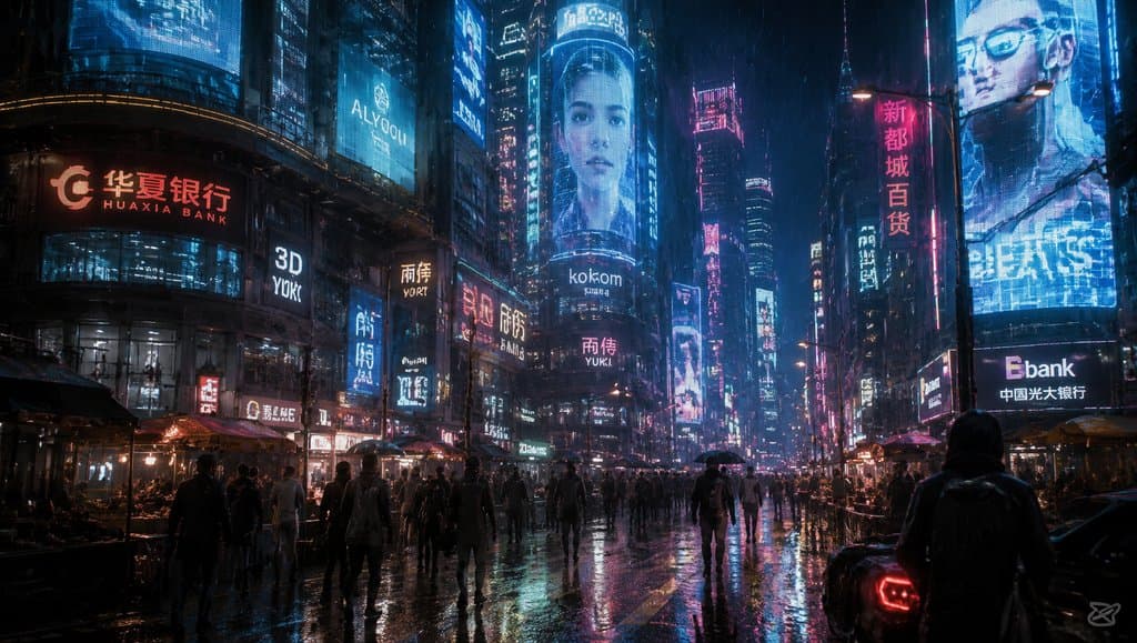 赛博朋克风格的雨夜城市街道，霓虹招牌与全息广告闪烁，湿漉地面反射光影，行人撑伞穿行。