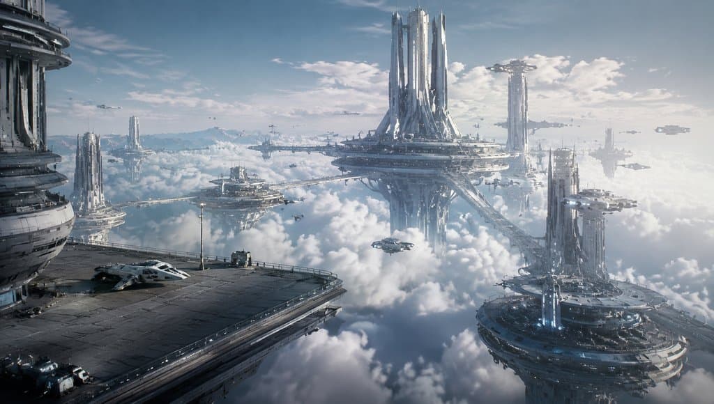 反重力悬浮城市，未来科技建筑群漂浮于云海之上，光桥连接平台，飞行器穿梭其间，硬科幻写实风格