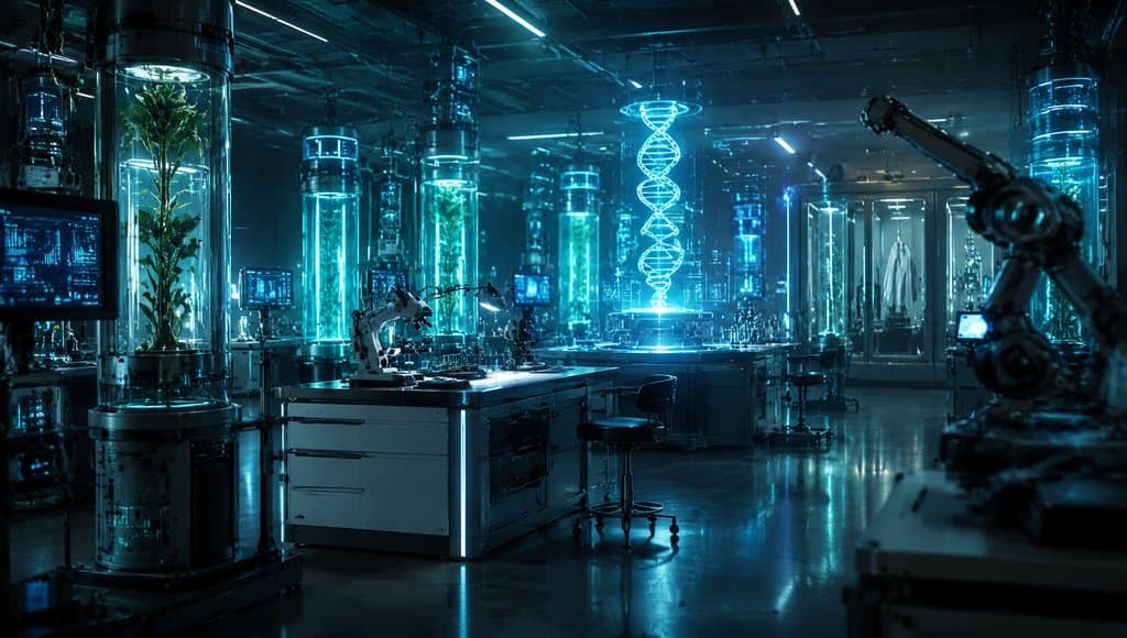 未来基因实验室，全息DNA螺旋悬浮中央，培养柱内植物发光，机械臂操作，硬科幻写实风格