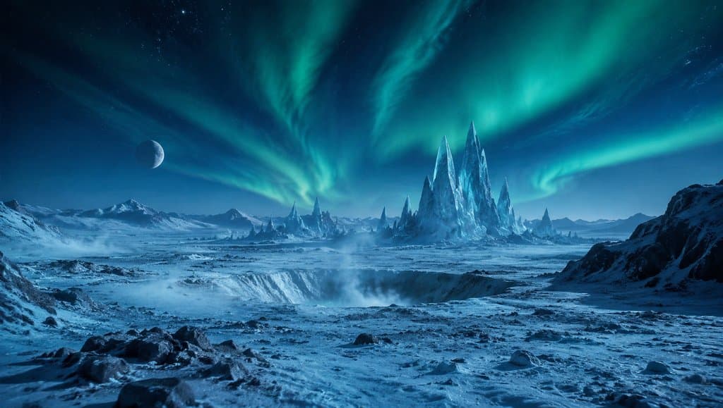 外星冰原上的晶体冰峰在极光映照下，陨坑与月球点缀夜空，硬科幻写实风格