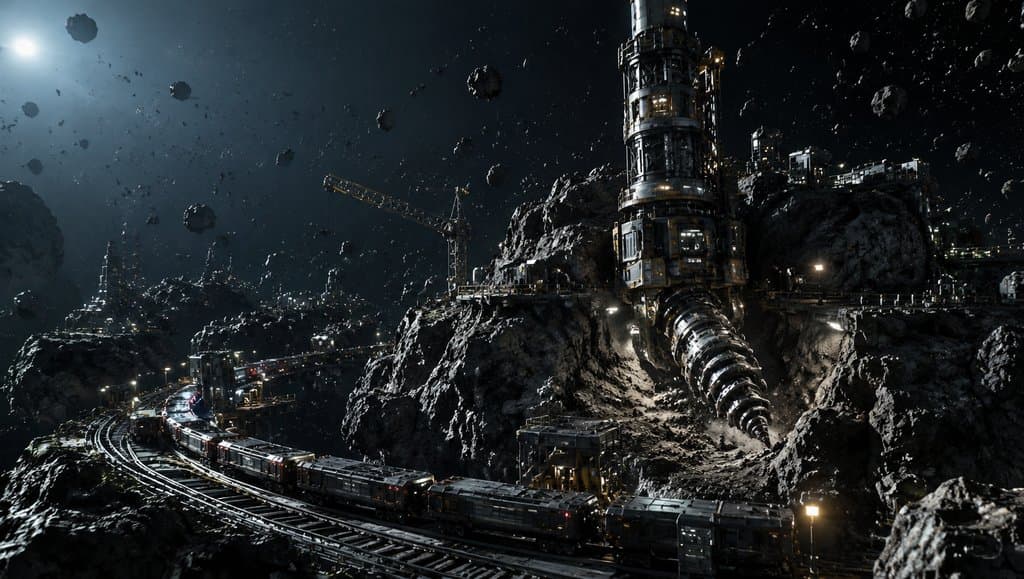 小行星矿场中的钻机与运矿轨道，漂浮碎石环绕，硬科幻写实风格