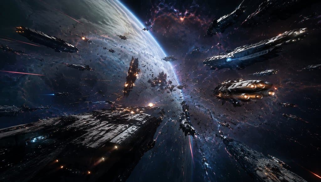 星际战场中星舰群激烈交火，激光弹幕穿梭，爆炸残骸飘散，硬科幻写实风格