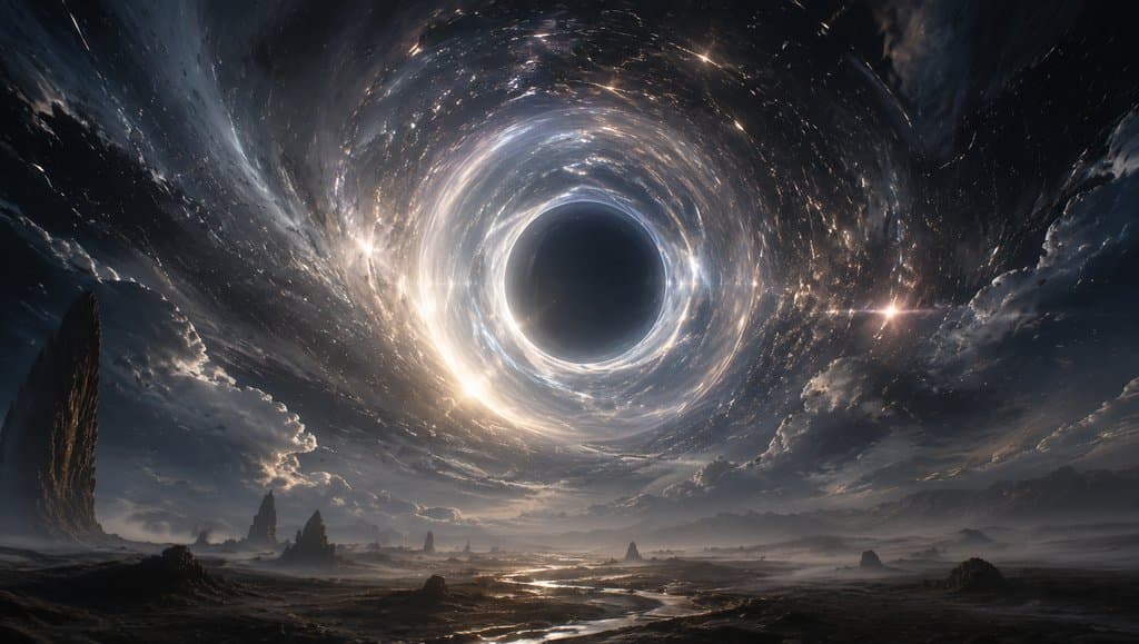 虫洞入口，扭曲光环环绕，星光拉伸，能量漩涡，硬科幻写实风格场景