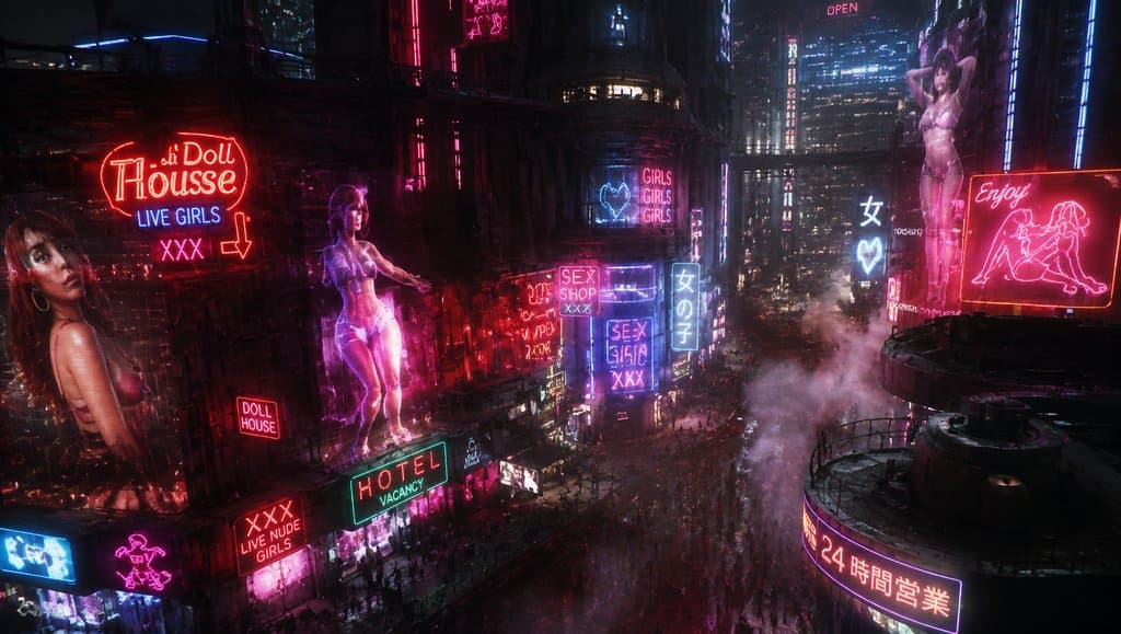 赛博朋克红灯区夜景，霓虹招牌闪烁，全息舞女悬浮，烟雾弥漫，硬科幻写实风格