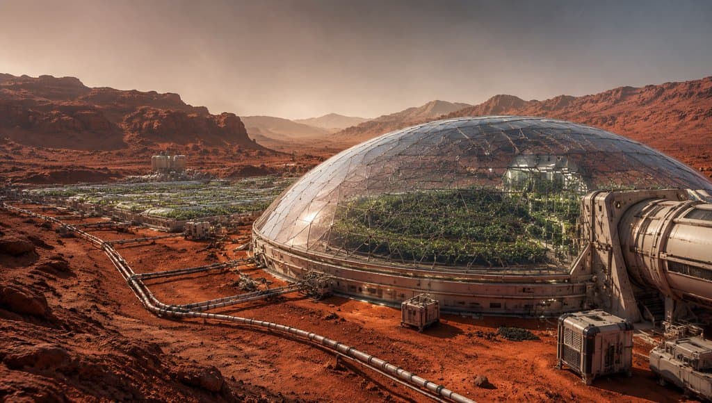 火星表面的穹顶温室农场，透明穹顶内种植绿色作物，周围布满灌溉管线，硬科幻写实风格