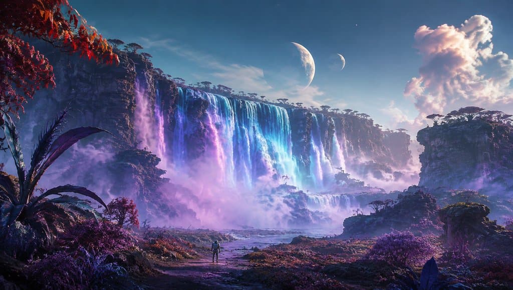 外星瀑布奇观，发光水流从悬崖倾泻，双月高悬，科幻写实风格