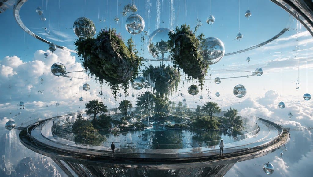 反重力花园中悬浮的植被与光球，未来科技感十足的硬科幻场景