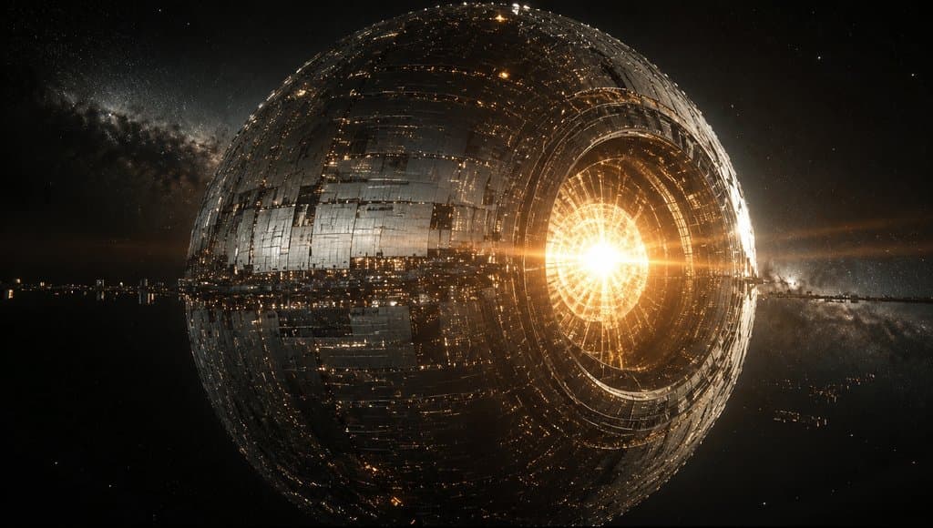 戴森球结构环绕恒星，金色光芒穿透能量板，硬科幻写实风格