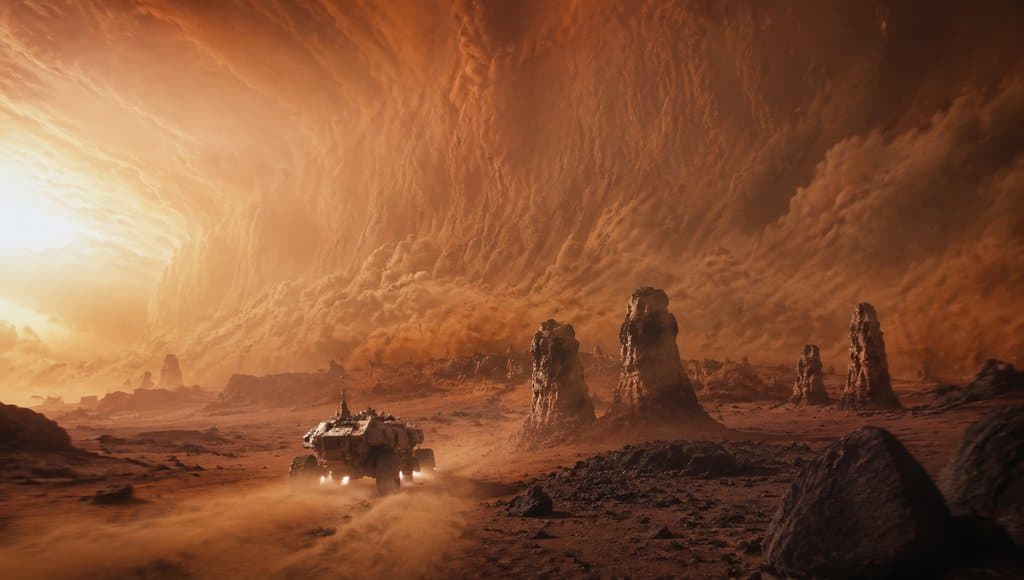 橙红色沙暴中的外星地表，探测车穿越奇岩地貌，硬科幻写实风格