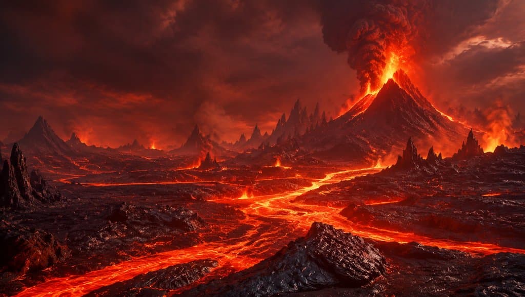 熔岩外星地表，火山喷发，岩浆河流淌，黑曜岩地貌，硬科幻写实风格