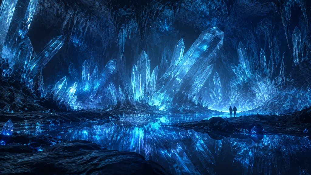 外星水晶洞穴中发光的晶簇倒映在水面，两名人物剪影伫立，硬科幻写实风格