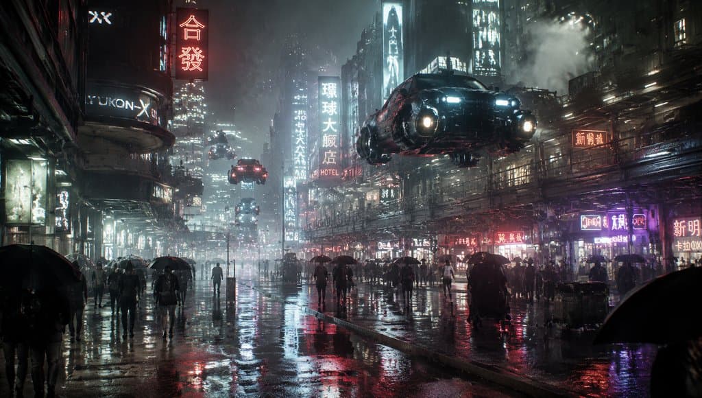 未来雨夜赛博街头，霓虹灯倒映在积水路面，飞行车穿梭其间，行人撑伞穿行，硬科幻写实风格