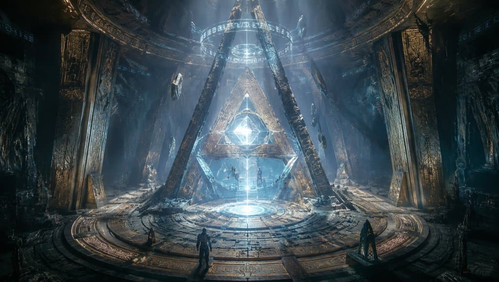 外星巨型遗迹内部，发光几何机关与悬浮符文，硬科幻写实风格
