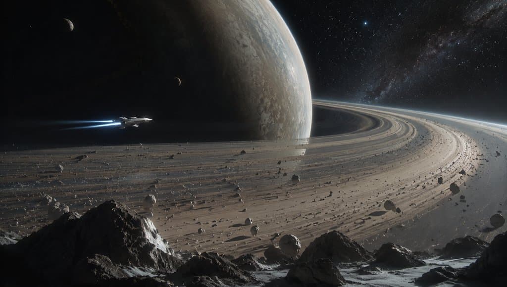 星环行星旁的星舰飞行，硬科幻写实风格3D场景