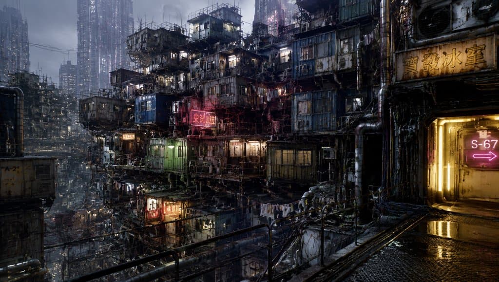 未来贫民窟中的集装箱住舱，布满乱接管线与霓虹灯，硬科幻写实风格