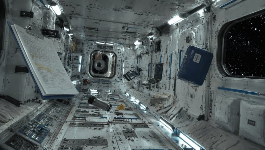 失重舱室内漂浮的文件和设备，舷窗外星光闪烁，硬科幻写实风格