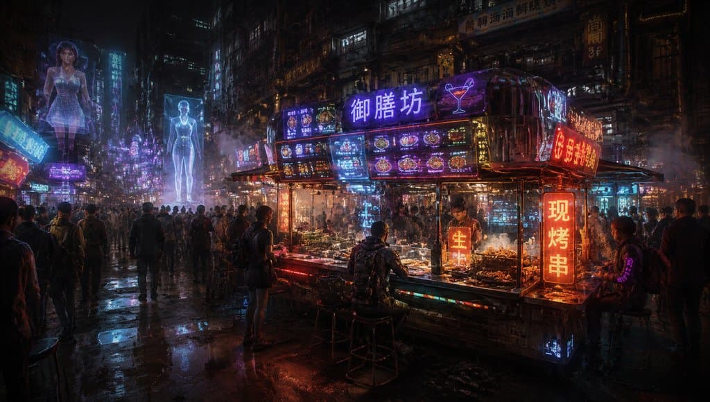 赛博朋克夜市摊，霓虹灯闪烁，全息广告悬浮，蒸汽弥漫，人群熙攘，硬科幻写实风格