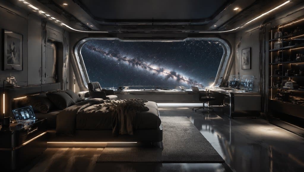 舰长私人舱室，舷窗外星河璀璨，科技家具与全息相框点缀，硬科幻写实风格