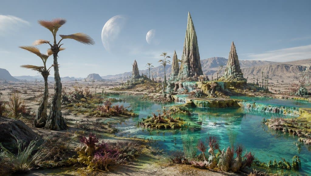 外星沙漠绿洲，发光水潭与奇植环绕，双月高悬，硬科幻写实风格