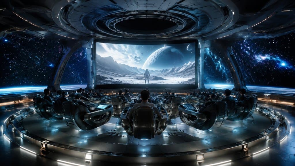 太空电影院内，观众坐在悬浮座椅上观看全息银幕上的外星景观，舷窗可见星空，硬科幻写实风格