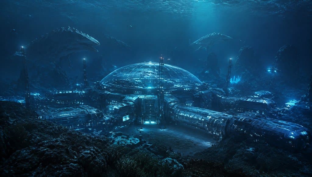 外星海底基地，透明穹顶建筑，发光设备，海怪游弋，硬科幻写实风格