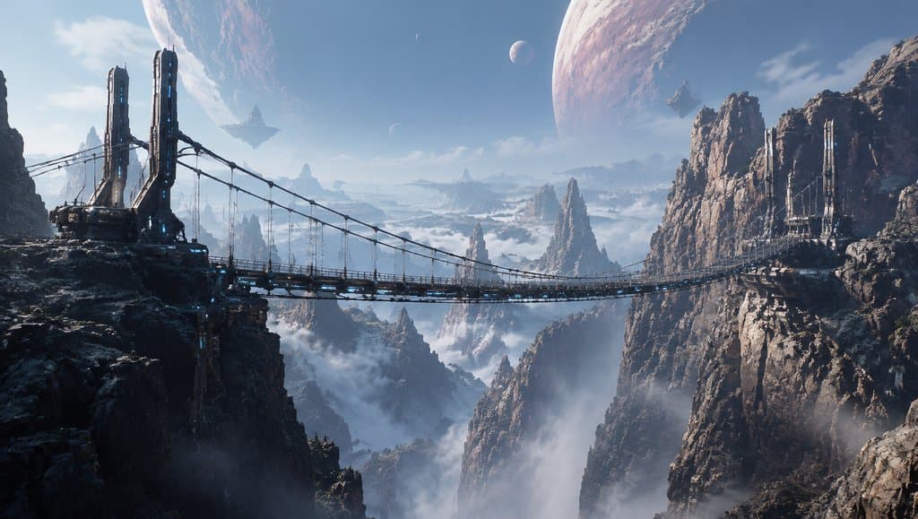 外星峡谷中的发光悬索桥，连接奇岩峭壁，背景有巨大行星和云海，硬科幻写实风格