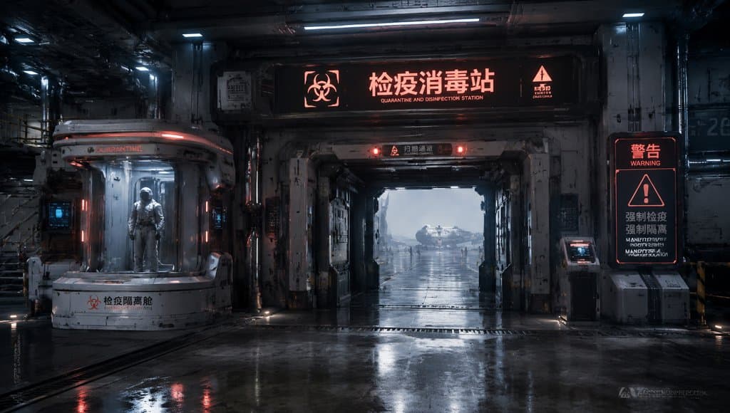 星际港口检疫站，红色警示灯闪烁，隔离舱内宇航员站立，硬科幻写实风格